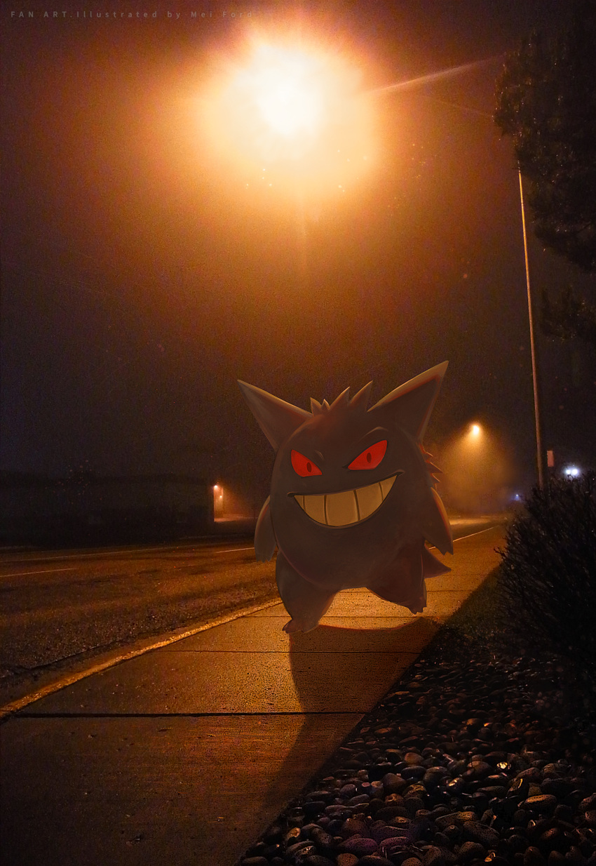artist_name commentary_request gengar grin highres lamppost looking_at_viewer mei_ford night no_humans outdoors pavement pokemon pokemon_(creature) red_eyes road smile solo standing teeth watermark
