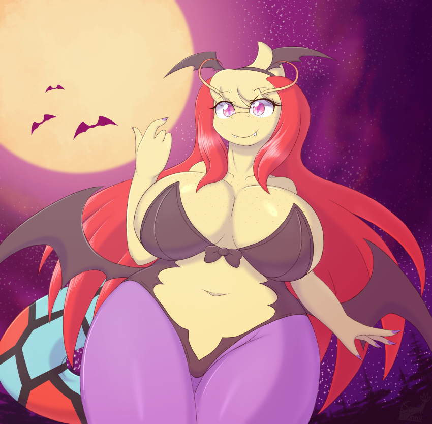 2022 4_fingers absurd_res ambient_bat anthro beckoning big_breasts breasts capcom chiropteran clothed clothing darkstalkers digital_media_(artwork) fangs female fingers full_moon generation_3_pokemon gesture hi_res huge_breasts mammal mila_(snackbunnii) milotic moon morrigan_aensland navel night nintendo pink_eyes pokemon pokemon_(species) smile snackbunnii solo thick_thighs video_games