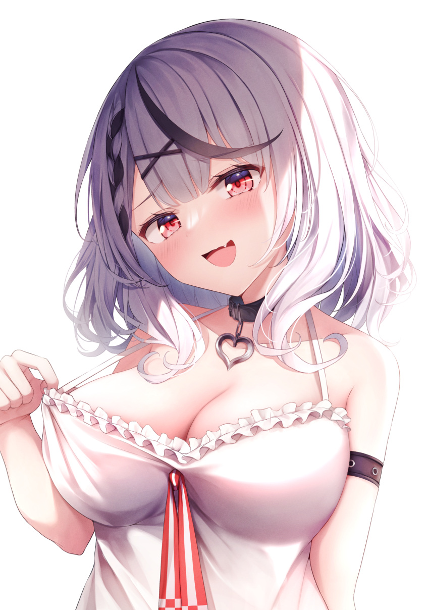 1girl arm_strap bangs belt_collar black_collar black_hair blush braid breasts camisole cleavage collar collarbone fang frilled_camisole frills grey_hair hair_ornament highres hololive large_breasts looking_at_viewer medium_hair multicolored_hair open_mouth red_eyes revision sakamata_chloe shishou_(doragyurosu) smile solo streaked_hair upper_body virtual_youtuber white_camisole x_hair_ornament
