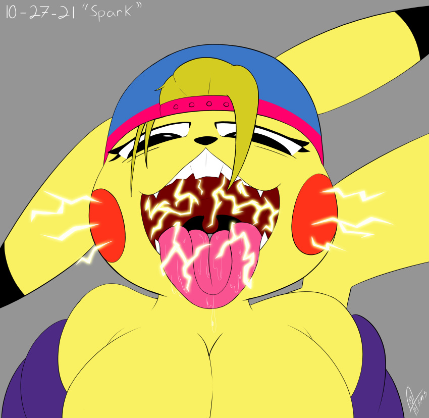 absurd_res anthro big_breasts breasts cleavage clothed clothing electricity fangs female generation_1_pokemon hair hat headgear headwear hi_res jacket mammal nintendo open_mouth pikachu pokemon pokemon_(species) rodent seductive solo supermoonshroom text tongue tongue_out topwear video_games watermark yellow_body