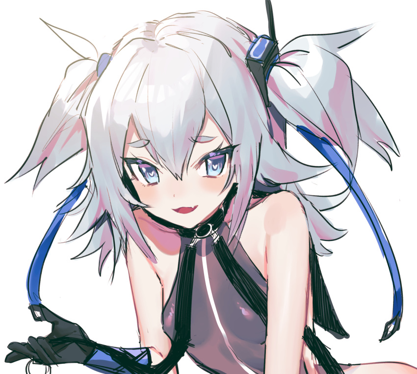 1girl blue_eyes blush breasts chest_harness collar facing_viewer girls'_frontline gloves half_updo harness highres koyashaka long_hair looking_to_the_side medium_hair open_mouth pa-15_(girls'_frontline) short_twintails small_breasts smile solo twintails white_background white_hair