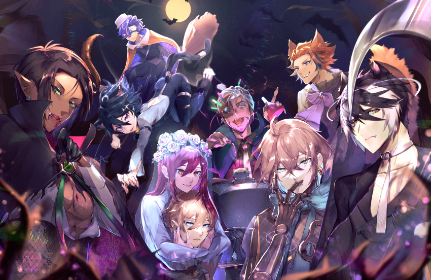 6+boys :| ;d abs absurdres ahoge alternate_costume android animal_ears aqua_eyes aragami_oga armor arurandeisu asagiri0700 ascot astel_leda back_cutout bag bangs bat_(animal) beard bell black_ascot black_cape black_gloves black_hair black_jacket black_nails black_pants black_shirt blonde_hair blood blood_from_mouth blue_bow blue_bowtie blue_eyes blue_hair bow bowtie bridal_veil brooch brown_capelet cape capelet cat_boy cat_ears cat_tail center_frills choker closed_mouth clothing_cutout collared_shirt corset crossed_bangs dark-skinned_male dark_skin diamond_earrings disembodied_head dullahan earrings everyone eye_mask facial_hair fang fangs ferret fingernails flask flower frilled_shirt_collar frills full_body full_moon glint gloves green_cape green_eyes grey_hair grey_shirt hair_between_eyes hair_flower hair_ornament hair_over_one_eye hair_slicked_back hairclip halloween halo hanasaki_miyabi hand_to_own_mouth hands_on_hilt hat headless heterochromia highres hiyamaru holding holding_flask holding_head holding_test_tube holostars horns jackal_boy jackal_ears jacket jewelry kageyama_shien kanade_izuru kemonomimi_mode kishido_temma long_hair long_sleeves looking_at_another looking_at_viewer male_focus mechanical_arms mole mole_under_eye moon motion_blur multicolored_hair multiple_boys neck_bell necktie night o-ring o-ring_choker one_eye_closed open_clothes open_shirt orange_cape orange_eyes orange_hair pants parted_lips pectoral_cleavage pectorals pink_hair pointy_ears pouring purple_bow purple_bowtie purple_eyes red_hair rikka_(holostars) rose scar scar_on_chest scythe see-through see-through_sleeves sharp_fingernails sharp_teeth shirt short_hair shoulder_bag signature single_earring single_horn sleeve_garter slit_pupils smile streaked_hair sword tail tail_ornament teeth test_tube thigh_strap tilted_headwear toned toned_male tongue tongue_out torn_clothes torn_pants turtleneck two-tone_hair upper_body vampire veil virtual_youtuber weapon white_choker white_flower white_hair white_headwear white_necktie white_rose white_shirt wolf_boy wolf_ears yellow_eyes yukoku_roberu