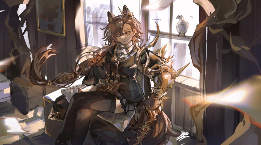 1girl animal_ears arknights ascot bird black_jacket black_thighhighs buzhidaojiaoshenmekoua crossed_legs extra_ears feet_out_of_frame hair_between_eyes highres indoors jacket long_hair looking_at_viewer penance_(arknights) picture_frame shirt sitting solo thighhighs wall white_ascot white_shirt window