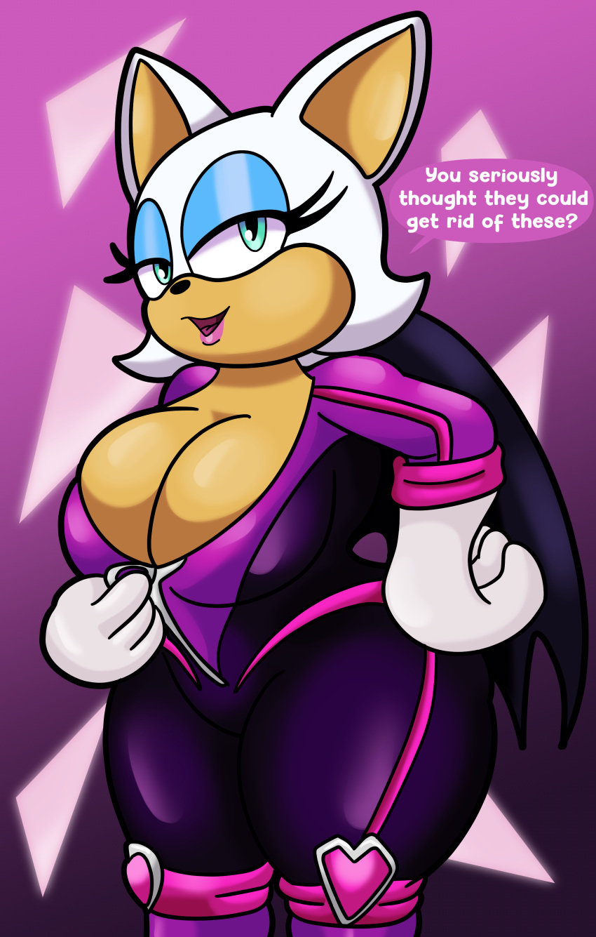 absurd_res anthro bedroom_eyes breasts chiropteran cleavage clothed clothing dialogue english_text female gloves handwear hi_res looking_at_viewer mammal narrowed_eyes rouge_the_bat seductive sega skinsuit solo someth1ngoranother sonic_prime sonic_the_hedgehog_(series) text thick_thighs tight_clothing unzipped_bodysuit unzipping wings