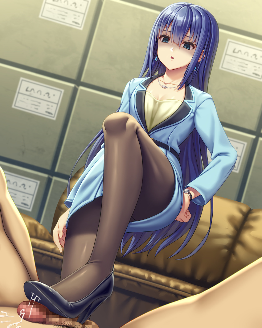 1boy 1girl asisuki bangs black_pantyhose blue_eyes blue_footwear blue_hair blue_jacket blue_skirt breasts business_suit censored clothed_female_nude_male collarbone commentary couch cum cum_in_shoe disgust earrings engage_kiss footjob formal full_body hand_on_hip hetero high_heels highres jacket jewelry long_hair long_sleeves looking_at_another looking_down mosaic_censoring necklace nude ogata_shuu open_mouth pantyhose pencil_skirt penis shaded_face shirt shoejob simple_background skirt standing standing_on_one_leg standing_on_person suit thighs watch wristwatch yellow_shirt yuugiri_ayano