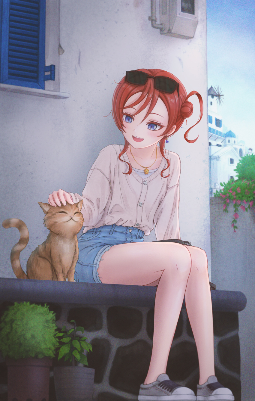 1girl absurdres bangs birthday blue_eyes cat cloud cloudy_sky collarbone earrings english_commentary hair_bun headpat highres jewelry legs love_live! love_live!_superstar!! memarin necklace plant potted_plant red_hair short_shorts shorts single_side_bun sitting sky smile yoneme_mei
