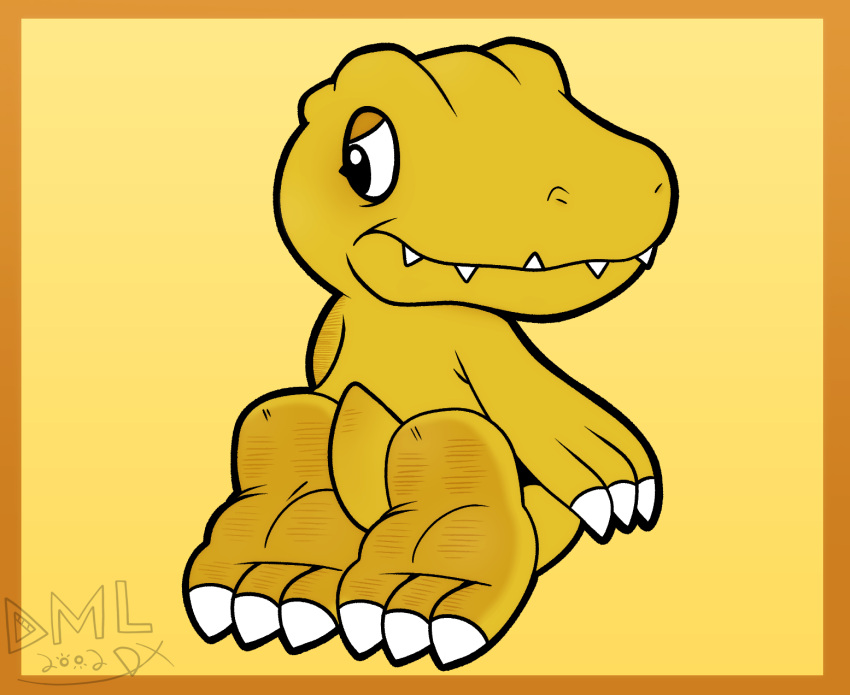 agumon anthro bandai_namco barefoot claws digimon digimon_(species) dinosaur dml26 feet foot_fetish foot_focus hi_res humanoid male paws reptile scalie simple_background soles solo toes video_games yellow_body