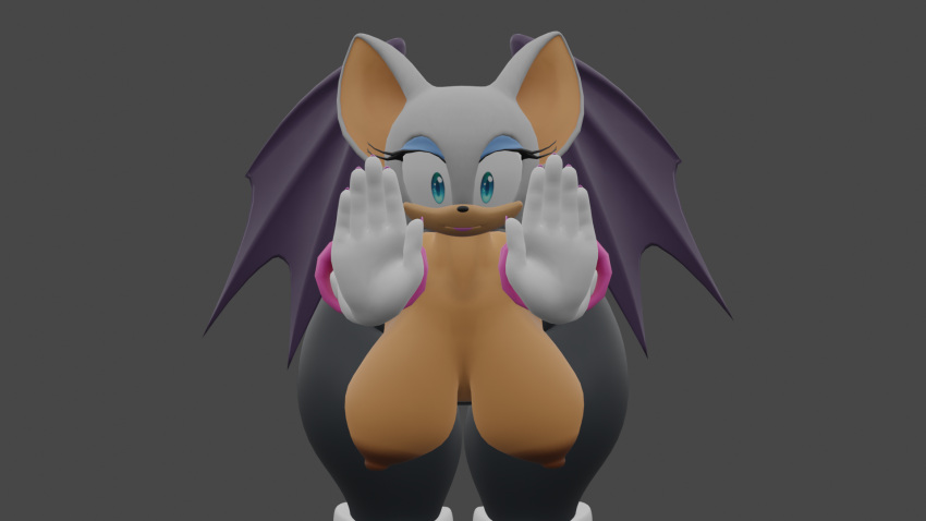 anthro armwear black_clothing blue_makeup breasts bubble_butt butt chiropteran clothing exposed_breasts female footwear fur hi_res looking_at_viewer mammal ree_boi rouge_the_bat sega solo sonic_the_hedgehog_(series) surprised_expression thick_thighs white_body white_clothing white_fur wings