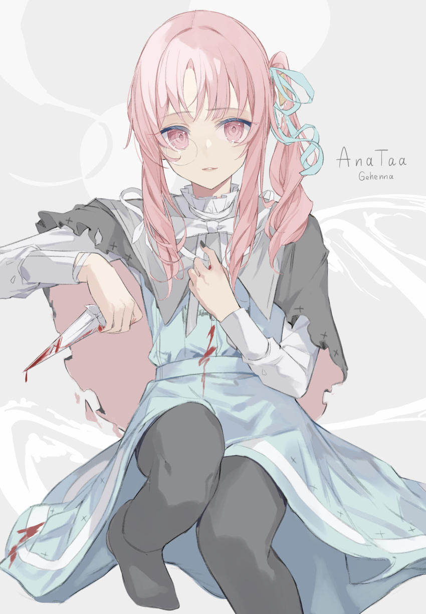 1other absurdres akiyama_mizuki anataa bangs black_capelet black_pantyhose blood blood_on_clothes blue_dress blue_ribbon capelet commentary_request dagger dress gehenna_(vocaloid) hair_ribbon highres holding holding_dagger holding_weapon knife long_hair looking_at_viewer monocle pantyhose pink_capelet pink_eyes pink_hair project_sekai ribbon side_ponytail sitting solo two-sided_capelet weapon