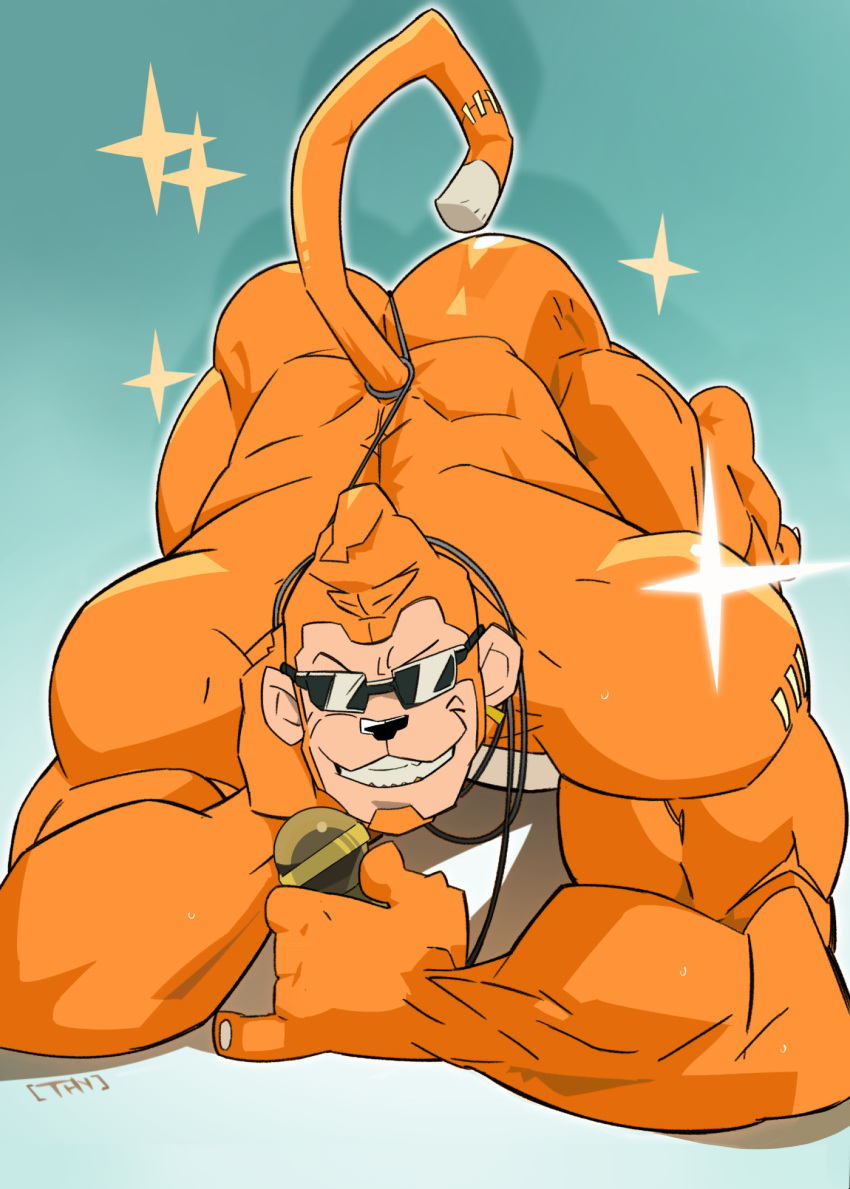 anthro bandai_namco bareback biceps butt digimon digimon_(species) etemon eyewear hi_res male mammal muscular muscular_anthro muscular_male orange_body primate raised_tail smile solo sparkles sunglasses teeth thymilph