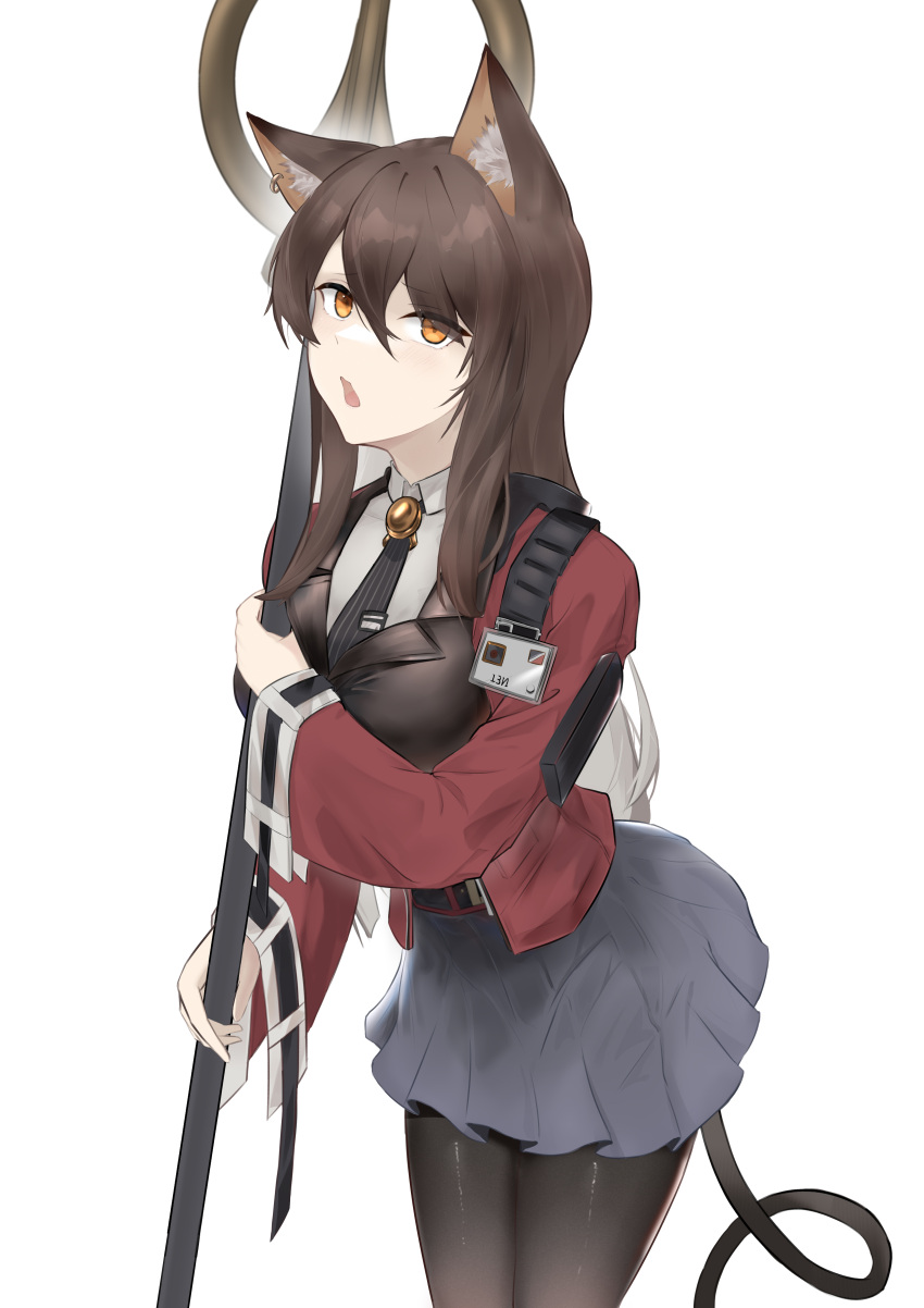 1girl absurdres animal_ear_fluff animal_ears arknights belt black_necktie black_pantyhose breasts brown_hair cat_ears cat_girl cat_tail collared_shirt cowboy_shot earrings grey_shirt grey_skirt highres holding holding_staff jacket jewelry large_breasts long_hair long_sleeves looking_at_viewer miniskirt necktie open_clothes open_jacket open_mouth orange_eyes pantyhose red_jacket sarea_(sarea2020) shirt simple_background skirt skyfire_(arknights) solo staff tail white_background