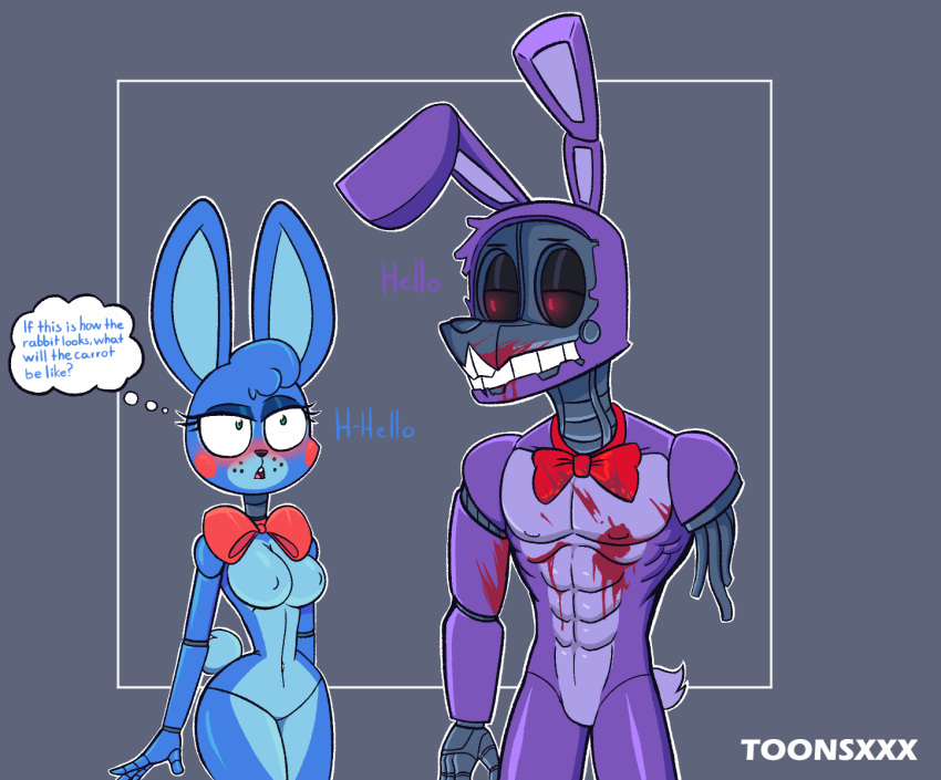abs animatronic anthro bonnie_(fnaf) breasts dialogue duo female five_nights_at_freddy's five_nights_at_freddy's_2 flushed hi_res lagomorph leporid machine male male/female mammal muscular muscular_anthro muscular_male rabbit robot scottgames toonsxxx toy_bonnie_(fnaf) video_games withered_bonnie_(fnaf)