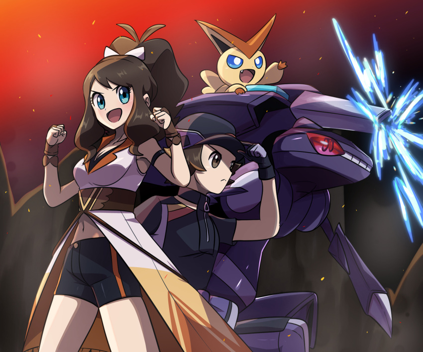 1boy 1girl :d antenna_hair bangs black_gloves black_headwear black_shirt black_shorts breasts brown_eyes brown_gloves brown_hair cleavage closed_mouth commentary_request eyelashes frown genesect gloves green_eyes hand_on_headwear hands_up hat highres hilbert_(pokemon) hilbert_(sygna_suit)_(pokemon) hilda_(pokemon) hilda_(sygna_suit)_(pokemon) navel official_alternate_costume open_mouth pants pokemon pokemon_(creature) pokemon_(game) pokemon_masters_ex ponytail purple_pants saon101 shirt short_hair shorts sidelocks smile victini zipper_pull_tab