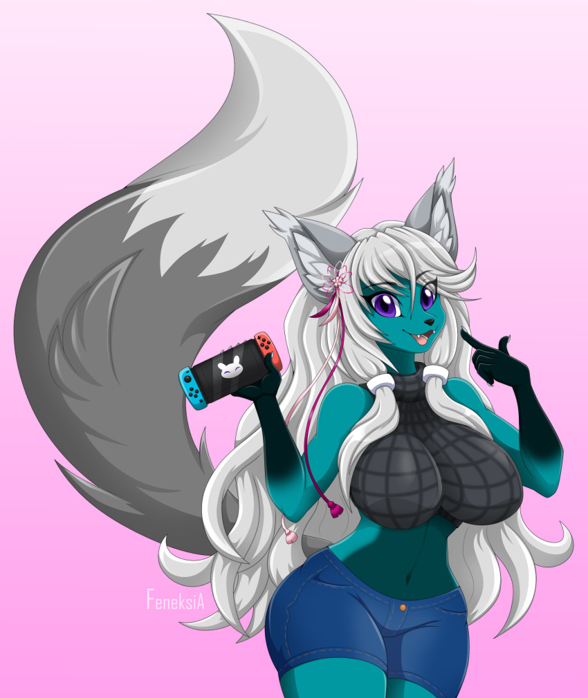 absurd_res anthro big_breasts big_tail blue_body bottomwear breasts canid canine clothing fox fur game_console gradient_background grey_body grey_fur hi_res looking_at_viewer mammal multicolored_body multicolored_fur nintendo nintendo_switch octavio-monstero open_mouth purple_eyes shorts simple_background smile solo standing sweater switch_console topwear turtleneck video_games white_body white_fur