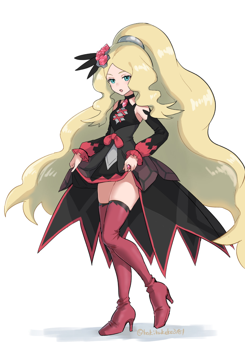 1girl :o absurdres bangs black_dress blonde_hair boots caitlin_(fall_2021)_(pokemon) caitlin_(pokemon) clothes_lift commentary_request detached_sleeves dress dress_lift frills gem green_eyes hair_ornament high_heel_boots high_heels highres kakikuyeko3181 lifted_by_self long_hair official_alternate_costume parted_bangs pokemon pokemon_(game) pokemon_masters_ex red_footwear red_gemstone red_ribbon ribbon shiny shiny_hair sidelocks solo standing thigh_boots