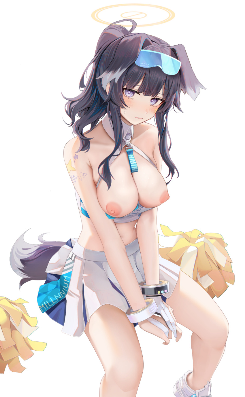 1girl animal_ears black_hair blue_archive blush breasts breasts_out cheerleader crop_top dog_ears dog_girl dog_tail eyewear_on_head gloves goggles goggles_on_head halo hibiki_(blue_archive) hibiki_(cheerleader)_(blue_archive) highres invisible_chair large_breasts long_hair looking_at_viewer midriff navel nipples official_alternate_costume partially_fingerless_gloves pleated_skirt pom_pom_(cheerleading) ru_zhai shoes sitting skirt solo sweat tail