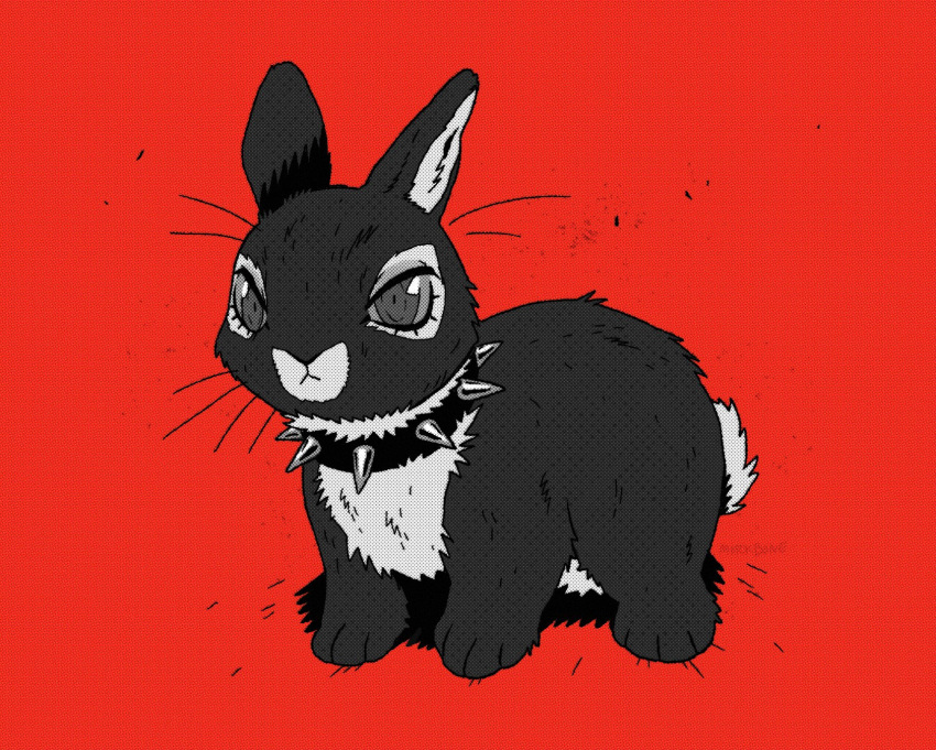 animal choker commentary highres looking_at_viewer murkbone no_humans original rabbit red_background simple_background solo spiked_choker spikes symbol-only_commentary