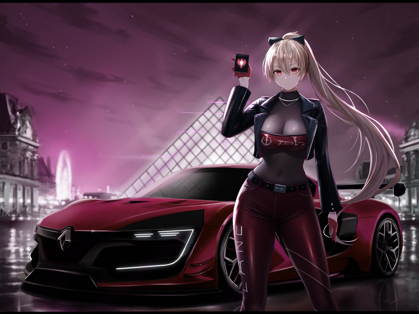 1girl absurdres azur_lane backlighting belt black_jacket blonde_hair bodystocking breasts city cleavage closed_mouth covered_navel cropped_jacket feet_out_of_frame gloves highres holding jacket jean_bart_(azur_lane) kcar66t large_breasts long_hair long_sleeves looking_at_viewer louvre_pyramid night open_clothes open_jacket outdoors pants ponytail purple_sky red_eyes red_gloves red_pants renault sky solo standing star_(sky) starry_sky strapless tube_top unzipped vehicle_request very_long_hair