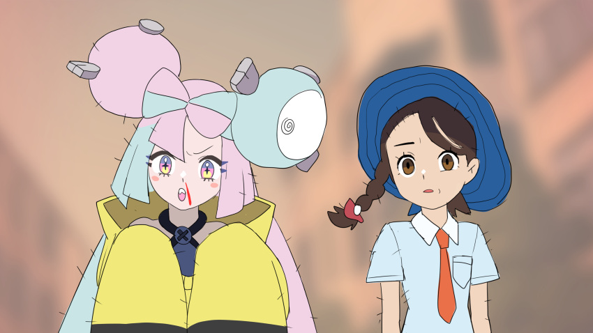 2girls absurdres bangs blood blue_headwear blush_stickers braid brown_eyes brown_hair character_hair_ornament collared_shirt commentary drunkoak eyelashes green_hair grey_shirt hair_ornament hat highres iono_(pokemon) jacket juliana_(pokemon) long_hair multicolored_hair multiple_girls necktie nosebleed open_mouth orange_necktie pokemon pokemon_(game) pokemon_sv purple_hair shirt short_sleeves sleeveless sleeveless_shirt teeth two-tone_hair upper_body upper_teeth yellow_jacket