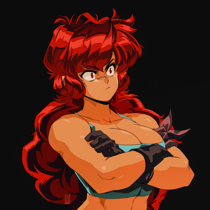 1girl absurdres black_background black_gloves blue_tank_top breasts cleavage closed_mouth commentary crop_top crossed_arms dated david_liu english_commentary frown gloves highres large_breasts long_hair maria_(space_maria) red_eyes red_hair signature solo space_maria tank_top upper_body