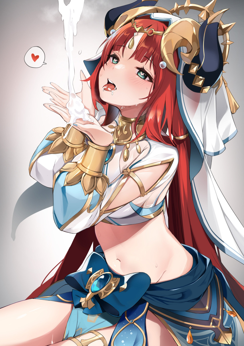 1girl absurdres armlet bangs blue_skirt blush bracer breasts brooch cupping_hands genshin_impact green_eyes hair_ornament harem_outfit highres horns jewelry large_breasts long_hair long_sleeves looking_at_viewer neck_ring nilou_(genshin_impact) open_mouth puffy_long_sleeves puffy_sleeves red_hair sash sidelocks skirt suggestive_fluid thighs togo_(korlsj1235) tongue tongue_out veil
