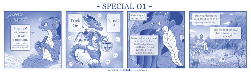 blue_and_white comic detailed_background dialogue dragon duo english_text featureless_chest featureless_crotch female feral flat_chested food fruit halloween hi_res holidays horn kobold larger_feral male monochrome plant pumpkin size_difference smaller_female speech_bubble text vavacung wings