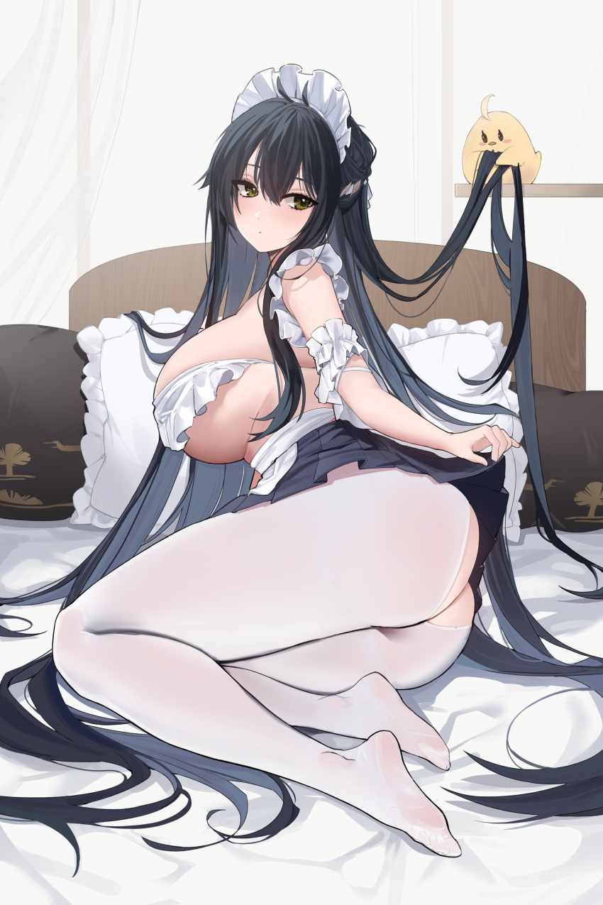 1girl absurdres antenna_hair arm_garter ass ass_cutout azur_lane bare_shoulders bird black_hair black_skirt breasts chick closed_mouth clothing_cutout expressionless feet frills green_eyes highres indomitable_(azur_lane) indomitable_(ms._motivationless_maid)_(azur_lane) large_breasts lifted_by_self long_hair looking_at_viewer maid maid_headdress manjuu_(azur_lane) miniskirt no_shoes official_alternate_costume on_bed pantyhose pillow pleated_skirt revealing_clothes sitting skirt solo somyo_(s0my0) thighs very_long_hair white_pantyhose yokozuwari