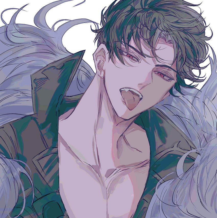 1boy belial_(granblue_fantasy) bishounen black_hair black_jacket collarbone fangs fur_collar granblue_fantasy hair_over_eyes highres jacket looking_at_viewer male_focus muramitsu_(d3jgv) open_clothes open_mouth red_eyes short_hair simple_background solo tongue tongue_out upper_body white_background