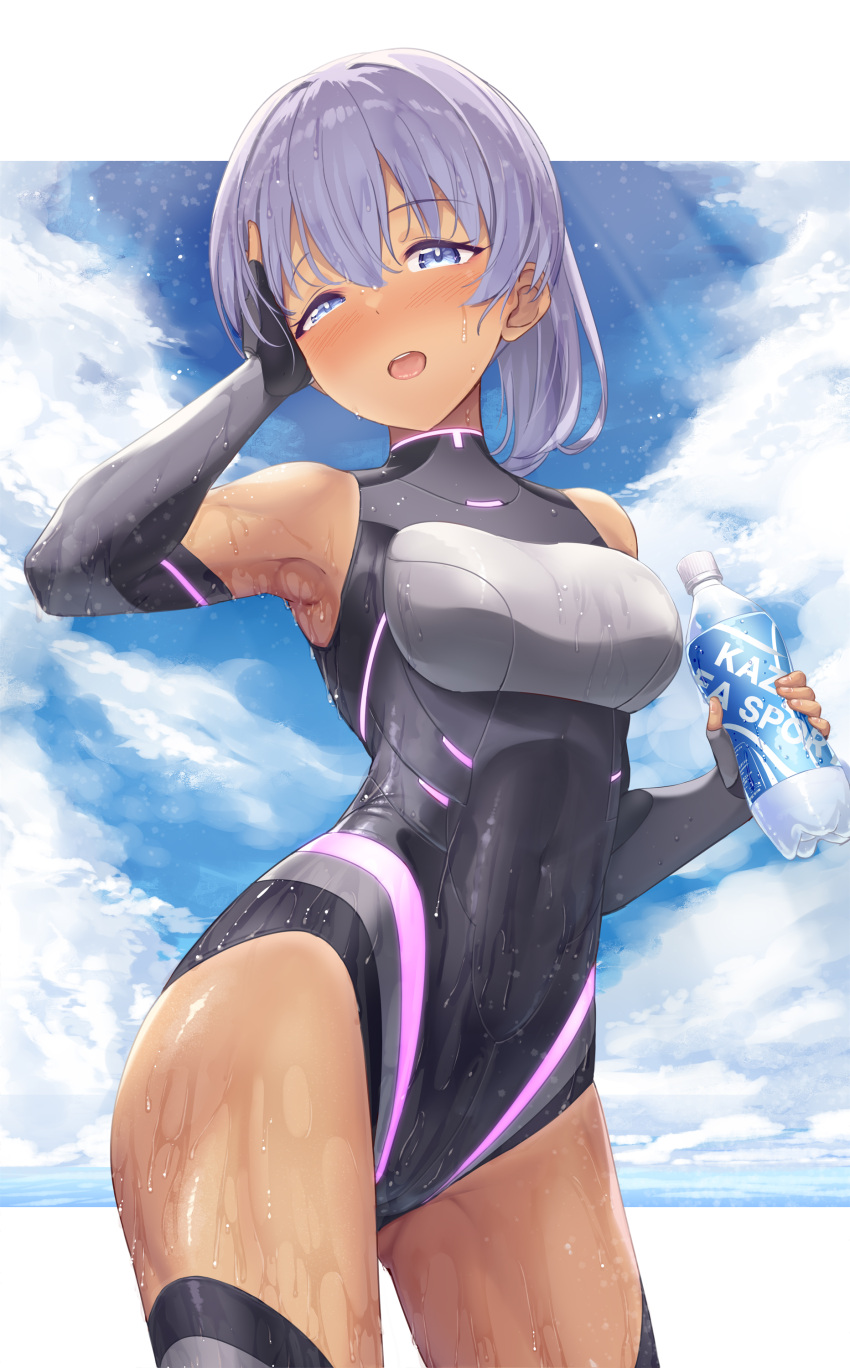 1girl absurdres arm_up armpits ass_visible_through_thighs bangs bare_shoulders black_gloves black_leotard black_thighhighs blue_eyes blue_sky blush bottle breasts cloud commentary_request covered_navel cowboy_shot dark-skinned_female dark_skin dolphin_wave elbow_gloves fingerless_gloves framed_breasts gloves groin hair_between_eyes hand_in_own_hair hand_on_own_cheek hand_on_own_face hand_up highres holding holding_bottle leotard letterboxed light_particles looking_at_viewer medium_breasts medium_hair neon_trim open_mouth outdoors outside_border ponytail purple_hair sky solo souma_hayate standing sunlight teeth thighhighs uneven_eyes upper_teeth water_bottle water_drop wet wet_hair yoshika_(music480069)