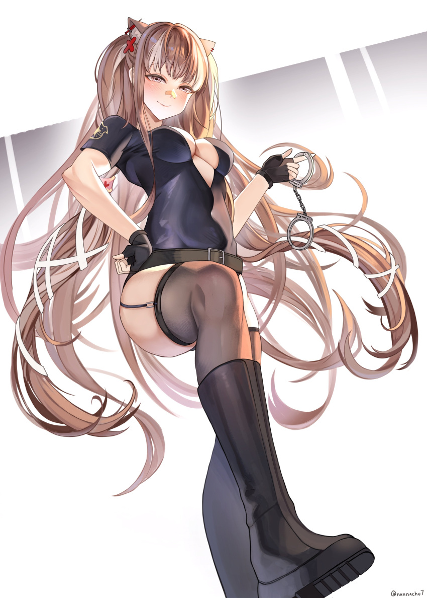 1girl 2022 absurdres animal_ears bangs boots breasts brown_eyes brown_hair cleavage closed_mouth cuffs from_below garter_belt gemuyo handcuffs highres holding holding_handcuffs indie_virtual_youtuber long_hair looking_at_viewer multicolored_hair nannachu7 police police_uniform smile solo squirrel_ears squirrel_girl standing streaked_hair thighhighs uniform virtual_youtuber