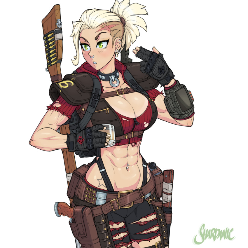 1girl abs armor backpack bag blonde_hair breasts canteen cleavage_cutout clothing_cutout collar cup fallout_(series) fallout_new_vegas fingerless_gloves gloves green_eyes gun handgun highres holding holding_cup large_breasts looking_to_the_side muscular muscular_female nose_piercing nose_ring pauldrons piercing ponytail rifle scar shardanic shaved_head short_hair shoulder_armor solo tattoo toned torn_clothes vest weapon weapon_on_back white_background wrist_computer zipper