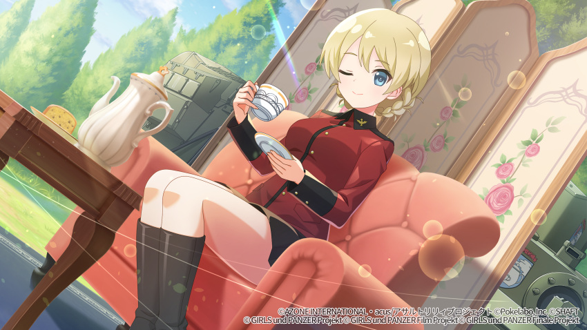 1girl ;) armchair artist_request assault_lily bangs black_footwear black_skirt blonde_hair blue_eyes blue_sky boots braid breasts buttons cake carpet chair churchill_(tank) closed_mouth cloud crossover cup darjeeling_(girls_und_panzer) day dutch_angle emblem epaulettes feet_out_of_frame fingernails folding_screen food girls_und_panzer ground_vehicle hands_up highres holding holding_cup holding_saucer insignia jacket knee_boots legs_together lens_flare light_particles long_sleeves looking_at_viewer medium_breasts military military_jacket military_uniform military_vehicle miniskirt motor_vehicle official_art on_chair one_eye_closed outdoors plate pleated_skirt red_jacket saucer short_hair sitting skirt sky smile solo st._gloriana's_(emblem) st._gloriana's_military_uniform table tank tea_set teacup teapot thighs tree uniform watermark webp-to-png_conversion