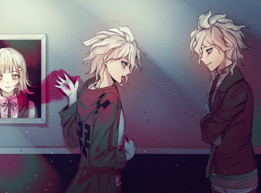 2boys bangs blood blood_from_mouth chain collar collared_shirt cowboy_shot danganronpa_(series) danganronpa_2:_goodbye_despair danganronpa_another_episode:_ultra_despair_girls dress_shirt dual_persona from_side galaga grey_hair hair_ornament hood hood_down hooded_jacket injury jacket kkochmeli komaeda_nagito long_sleeves medium_hair messy_hair metal_collar multiple_boys nanami_chiaki neck_ribbon open_clothes open_jacket pink_blood pink_ribbon portrait_(object) ribbon servant servant_(danganronpa) shirt two-tone_shirt