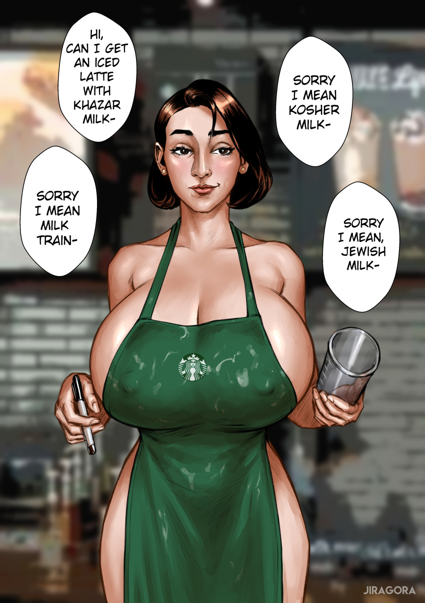 1girl abigail_shapiro absurdres barista breast_milk breasts brown_hair cleavage gem highres huge_breasts iced_latte_with_breast_milk_(meme) jiragora large_breasts meme real_life self_upload solo starbucks