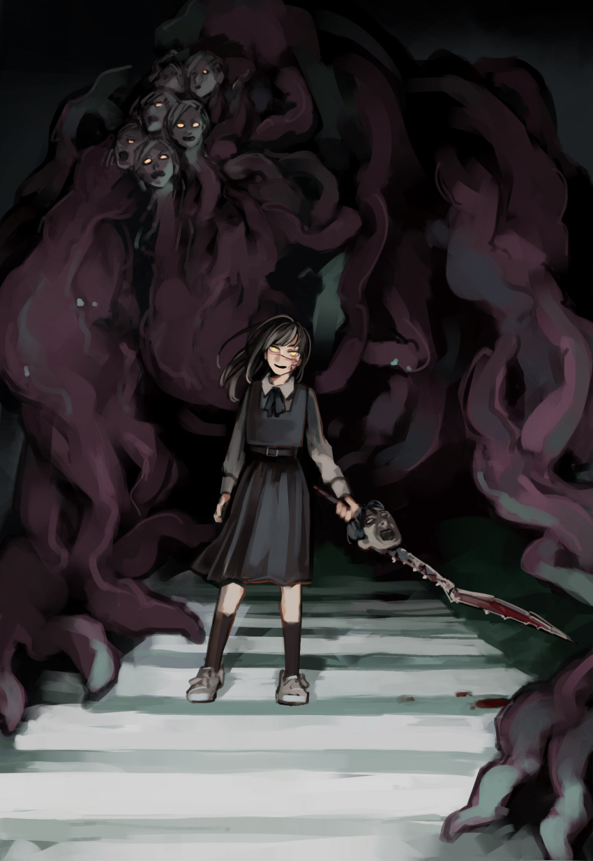 1girl bangs black_dress black_hair black_ribbon black_socks chainsaw_man class_president_(chainsaw_man) collared_shirt cross_scar dark_background dress extra_heads highres holding holding_sword holding_weapon intestines justice_devil_(chainsaw_man) long_hair looking_at_viewer mitaka_asa nakano_(mitinni_tk) open_mouth pinafore_dress ribbon ringed_eyes scar scar_on_cheek scar_on_face severed_head shirt short_hair socks solo_focus sword tanaka_(chainsaw_man) weapon yellow_eyes yoru_(chainsaw_man)