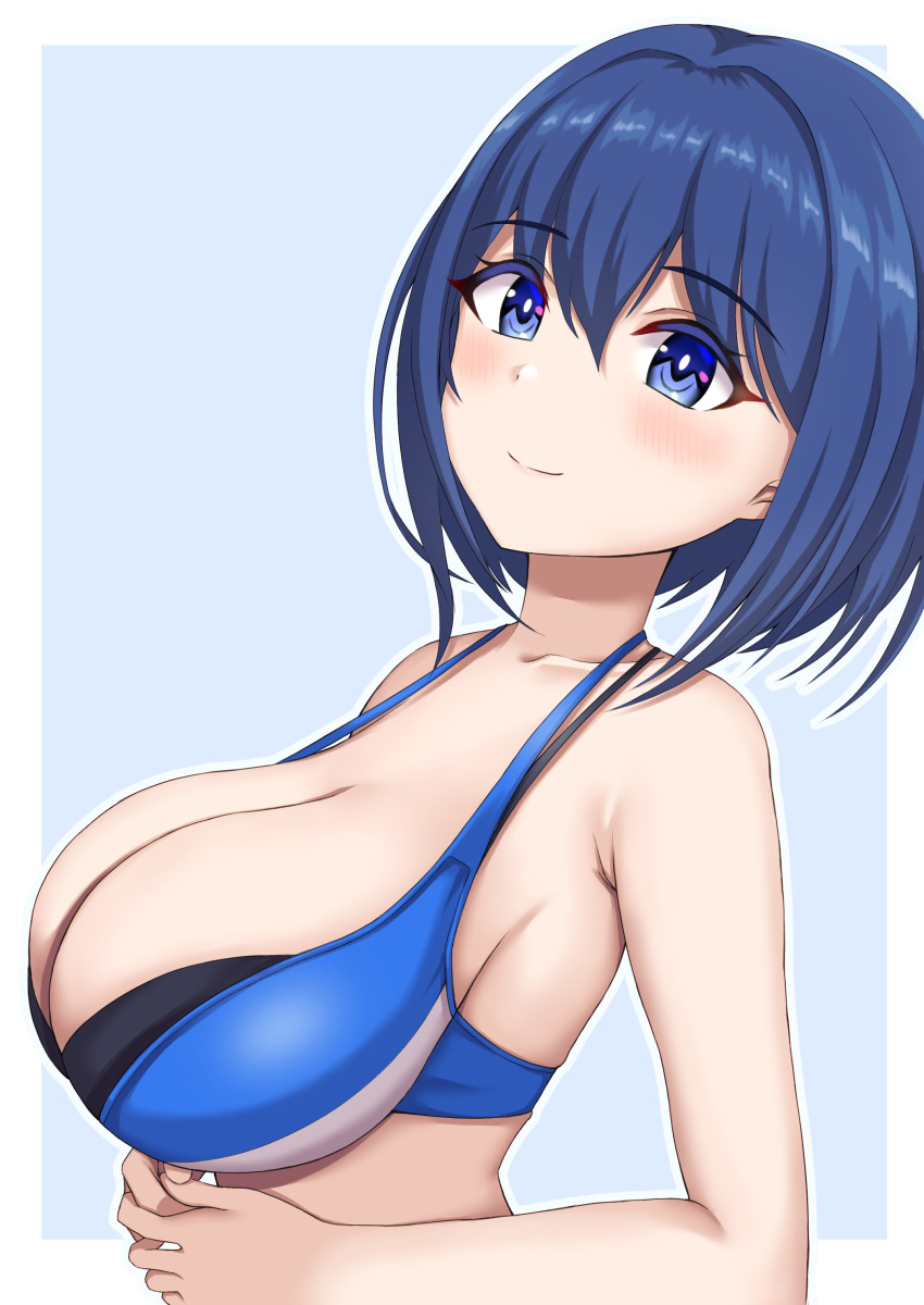 1girl absurdres armpit_crease bangs bare_arms bare_shoulders bikini black_bikini blue_background blue_bikini blue_eyes blue_hair blush bob_cut border breasts cleavage closed_mouth collarbone commentary_request comotaro dolphin_wave from_side hair_between_eyes halterneck hands_up highres interlocked_fingers large_breasts layered_bikini looking_at_viewer looking_to_the_side outline outside_border own_hands_together short_hair simple_background smile solo swimsuit tojou_michiru upper_body white_border white_outline