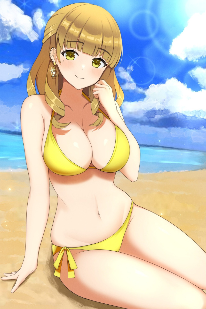 1girl arm_at_side armpit_crease ayato_utae bangs bare_arms bare_shoulders beach bikini blue_sky blunt_bangs blush breasts cleavage closed_mouth cloud collarbone commentary_request cowboy_shot day dolphin_wave earrings glint groin half_updo halterneck hand_up highres horizon jewelry large_breasts lens_flare light_brown_hair long_hair looking_at_viewer mole mole_under_eye navel ocean on_ground outdoors side-tie_bikini_bottom sitting sky smile solo stomach sunlight surippa1010 swimsuit yellow_bikini yellow_eyes