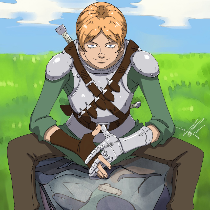 1boy armor bangs berserk blonde_hair blue_eyes blue_sky closed_mouth grass highres judeau_(berserk) levi_art looking_at_viewer male_focus meme one_piece outdoors parted_bangs portuguese_commentary shoulder_armor signature sitting sitting_on_rock sky solo trafalgar_law