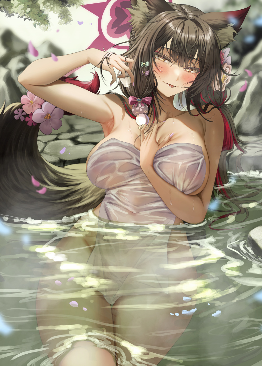 1girl absurdres animal_ear_fluff animal_ears armpits bangs black_hair blue_archive blush bow breasts choko_(cup) cleavage collarbone colored_inner_hair covered_navel covered_nipples cup flower fox_ears fox_girl fox_tail hair_bow hair_flower hair_ornament halo highres large_breasts long_hair looking_at_viewer multicolored_hair nail_polish nompang nude onsen partially_submerged red_hair smile solo tail thigh_gap thighs towel two-tone_hair wakamo_(blue_archive) water wet yellow_eyes