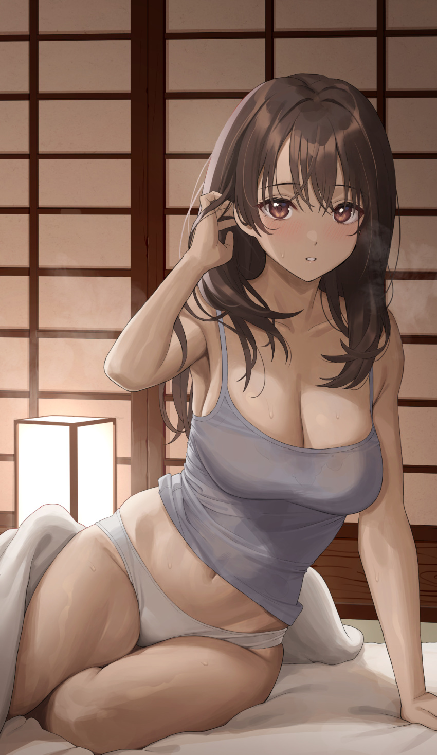 1girl adjusting_hair bangs bed_sheet blanket blush breasts breath brown_eyes brown_hair cleavage collarbone commentary_request grey_camisole hand_in_own_hair hand_up highres lantern large_breasts leaning_to_the_side long_hair looking_at_viewer no_pants original panties parted_lips sitting solo sweat taniguchi_daisuke_(surumenium) thighs underwear white_panties
