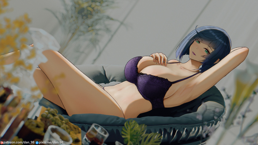 1girl arm_up armpits artist_name bangs blue_hair blurry blurry_foreground bra breasts cleavage dan-98 diagonal_bangs eyes_visible_through_hair from_side genshin_impact green_eyes hand_on_own_chest highres huge_breasts looking_at_viewer looking_to_the_side lying mole mole_on_breast on_back paid_reward_available parted_lips patreon_logo pixiv_logo purple_bra shirt solo underwear underwear_only yelan_(genshin_impact)