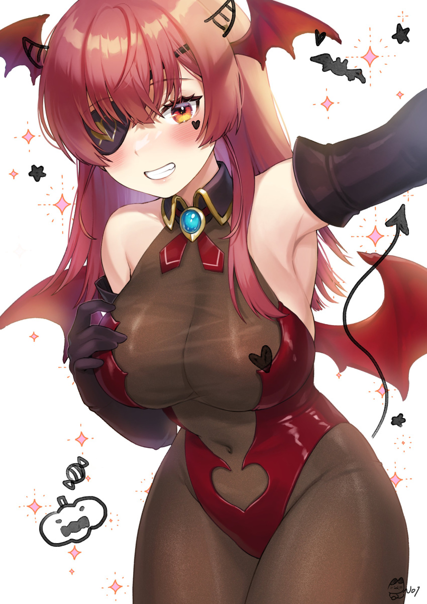 1girl absurdres alternate_costume armpits bare_shoulders bat_(animal) black_gloves blush bodysuit breasts brooch covered_navel demon_wings drawn_horns drawn_tail elbow_gloves eyepatch facial_mark gloves halloween_costume head_wings heart heart_facial_mark highres hololive houshou_marine jewelry large_breasts long_hair looking_at_viewer noixen one_eye_covered orange_eyes parted_lips red_hair simple_background smile solo teeth virtual_youtuber white_background wings