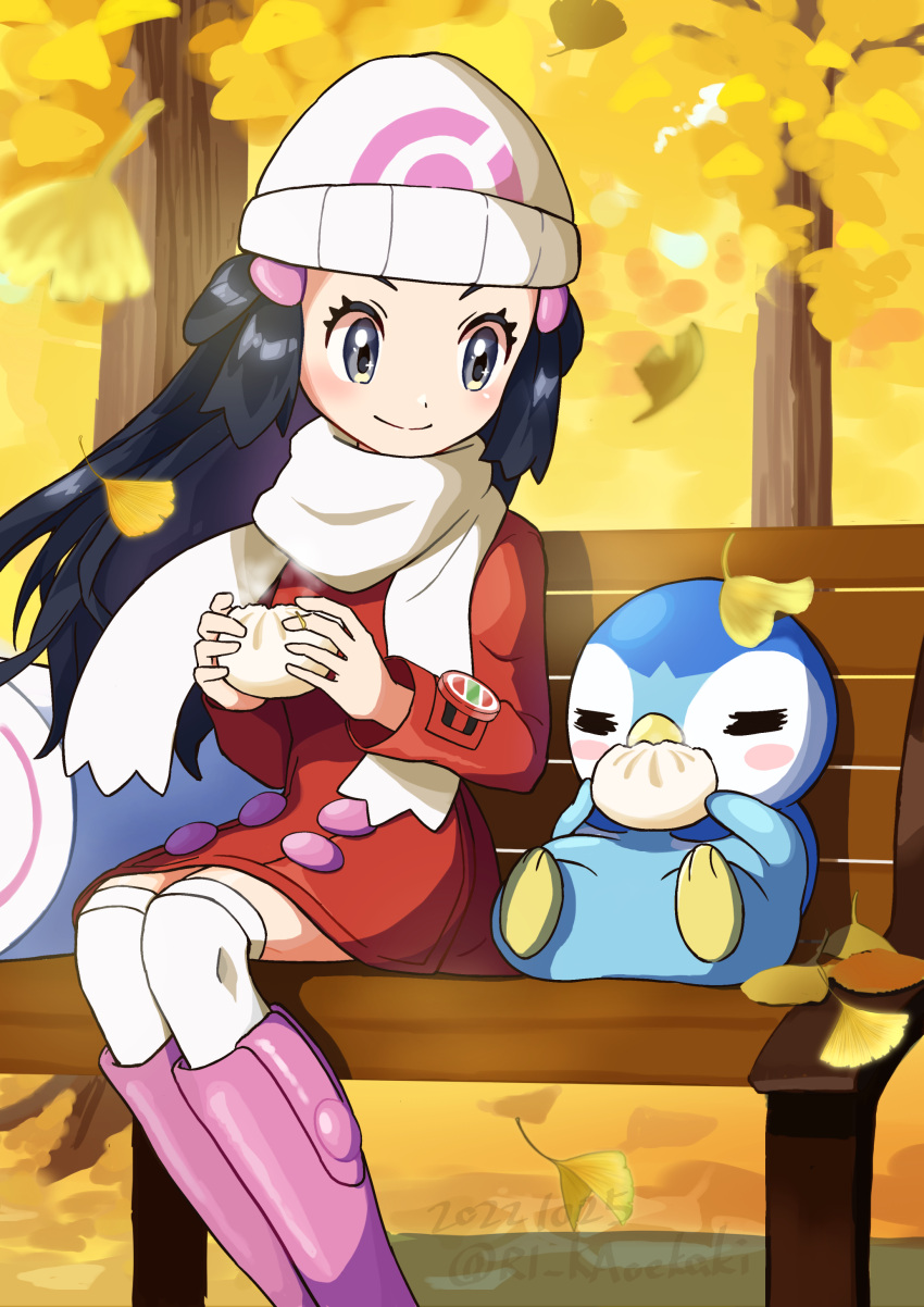 1girl absurdres arutarika_(ri_kaoekaki) bag beanie bench black_hair boots closed_mouth coat commentary_request dated dawn_(pokemon) day duffel_bag food grey_eyes hair_ornament hairclip hat highres holding holding_food long_hair long_sleeves outdoors over-kneehighs pink_footwear piplup poke_ball_print pokemon pokemon_(creature) pokemon_(game) pokemon_dppt pokemon_platinum red_coat scarf sitting smile steam thighhighs watermark white_bag white_headwear white_scarf
