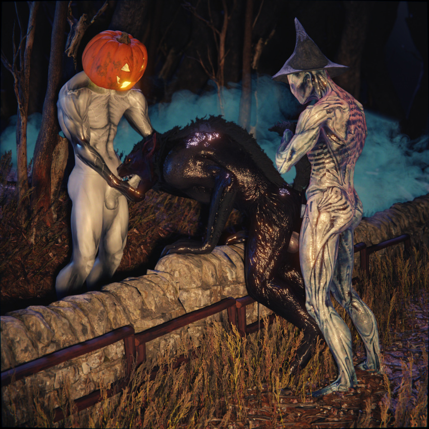 3d_(artwork) anal anal_penetration anthro canid canine canis digital_media_(artwork) fellatio foggy food forest fruit fur genitals group group_sex halloween halloween_costume hi_res holidays jack-o'-lantern male male/male male_penetrated male_penetrating male_penetrating_male mammal monster nude oral penetration penile penis plant pumpkin pumpkin_head ralic_turman sex skyrim_werewolf spirit threesome tree trio video_games walrider_(outlast) were werecanid werecanine werewolf