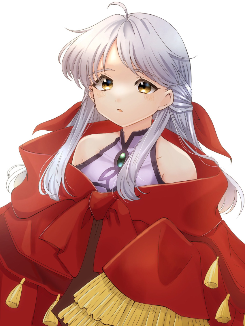 1girl :o adapted_costume bangs bare_shoulders bow cosplay covered_collarbone dress fire_emblem fire_emblem:_path_of_radiance fire_emblem:_radiant_dawn gau_fe grey_hair hair_bow highres long_hair long_sleeves micaiah_(fire_emblem) oversized_clothes red_bow sanaki_kirsch_altina sanaki_kirsch_altina_(cosplay) simple_background sleeveless sleeveless_dress solo turtleneck_dress upper_body white_background wide_sleeves yellow_eyes
