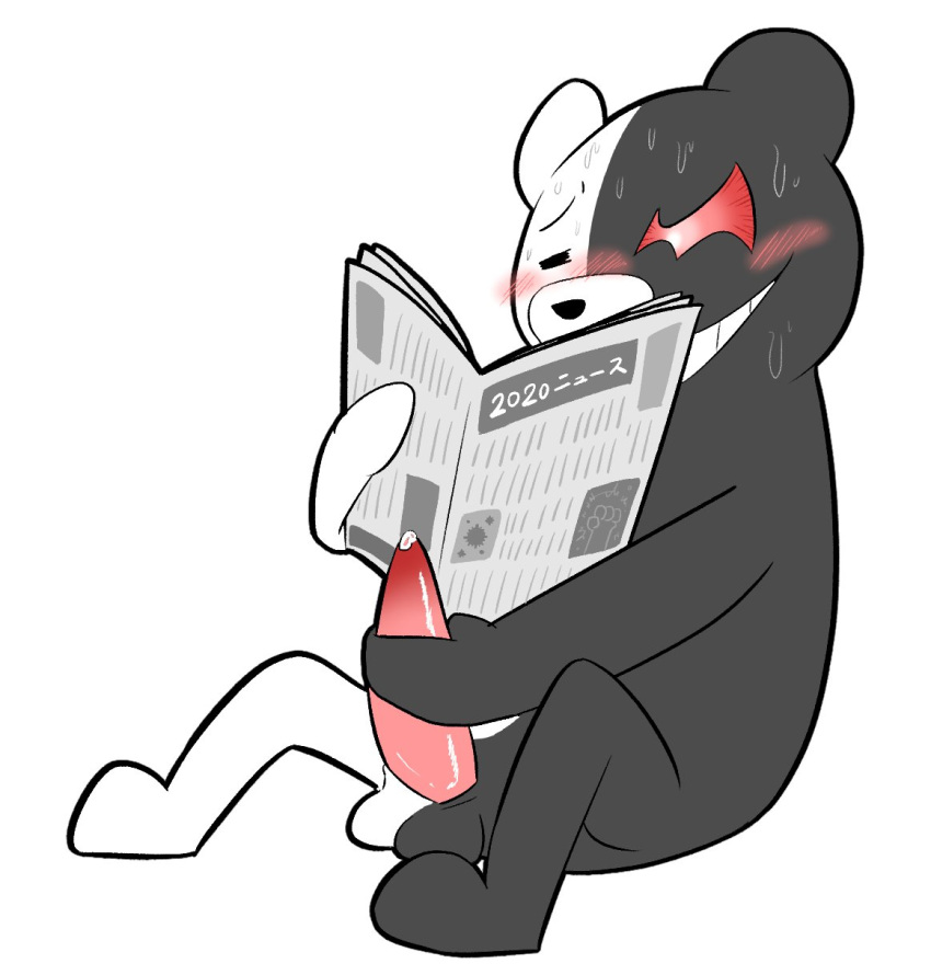 2020 anthro balls black_body blush bodily_fluids danganronpa erection genital_fluids genitals hi_res kemono male mammal masturbation monokuma nakadashimashta newspaper penis precum reading sitting solo sweat ursid white_body