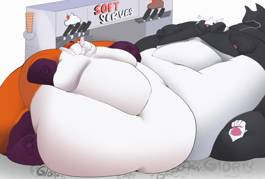 &lt;3 4_fingers 4_toes anthro belly belly_expansion belly_inflation big_belly big_cheeks big_moobs black_body black_sclera bloated canid canine chunkyfunkys dessert duo english_text expansion feet fingers food fox fur hi_res huge_cheeks hybrid hyper hyper_belly ice_cream ice_cream_machine immobile inflation male mammal moobs morbidly_obese morbidly_obese_anthro morbidly_obese_male motion_lines navel nude obese obese_anthro obese_male onomatopoeia orange_body orange_fur overweight overweight_anthro overweight_male pawpads pink_pawpads pink_tongue rumbling_stomach sitting soft_serve_machine sound_effects swallowing text toes tongue weight_gain white_belly white_eyes