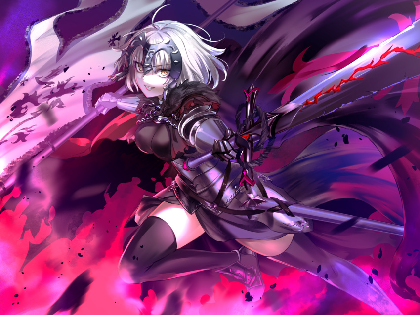 1girl ahoge armor armored_dress black_cape black_dress black_thighhighs breasts cape chain commentary_request dress evil_grin evil_smile fate/grand_order fate_(series) fire flag fur-trimmed_cape fur_trim gauntlets grin gyoza_(pi512126) headpiece highres holding holding_flag holding_sword holding_weapon jeanne_d'arc_alter_(avenger)_(fate) jeanne_d'arc_alter_(avenger)_(first_ascension)_(fate) jeanne_d'arc_alter_(fate) large_breasts looking_at_viewer plackart sheath short_hair smile solo standard_bearer sword teeth thighhighs torn_cape torn_clothes weapon white_flag white_hair yellow_eyes