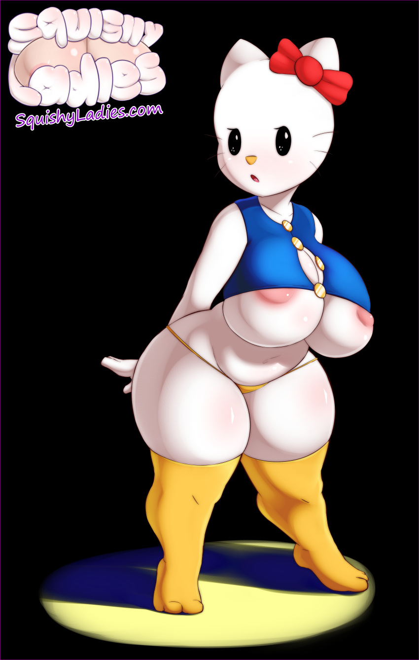 absurd_res anthro areola areola_slip clothing dakagite domestic_cat felid feline felis female hello_kitty_(character) hello_kitty_(series) hi_res legwear mammal panties sanrio solo thick_thighs thigh_highs underwear