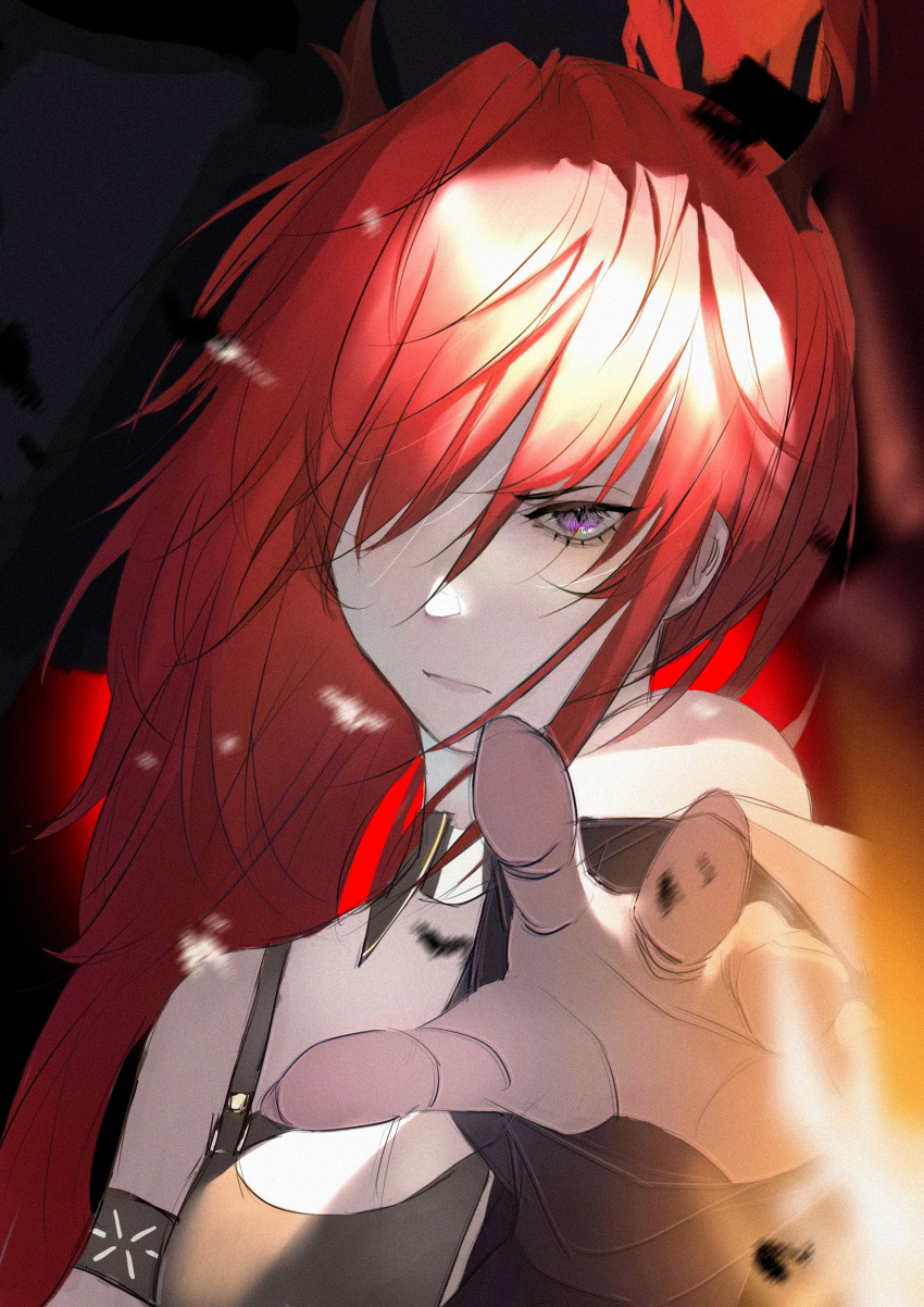 absurdres angry arknights artist_request bad_source demon_girl demon_horns hair_over_one_eye highres horns long_hair purple_eyes reaching_out red_hair surtr_(arknights)